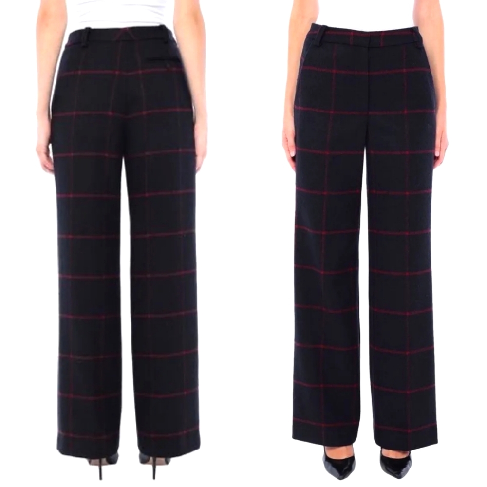 Self Portrait Wool Blend High Rise Check Trousers Plaid Wide Leg Size 4